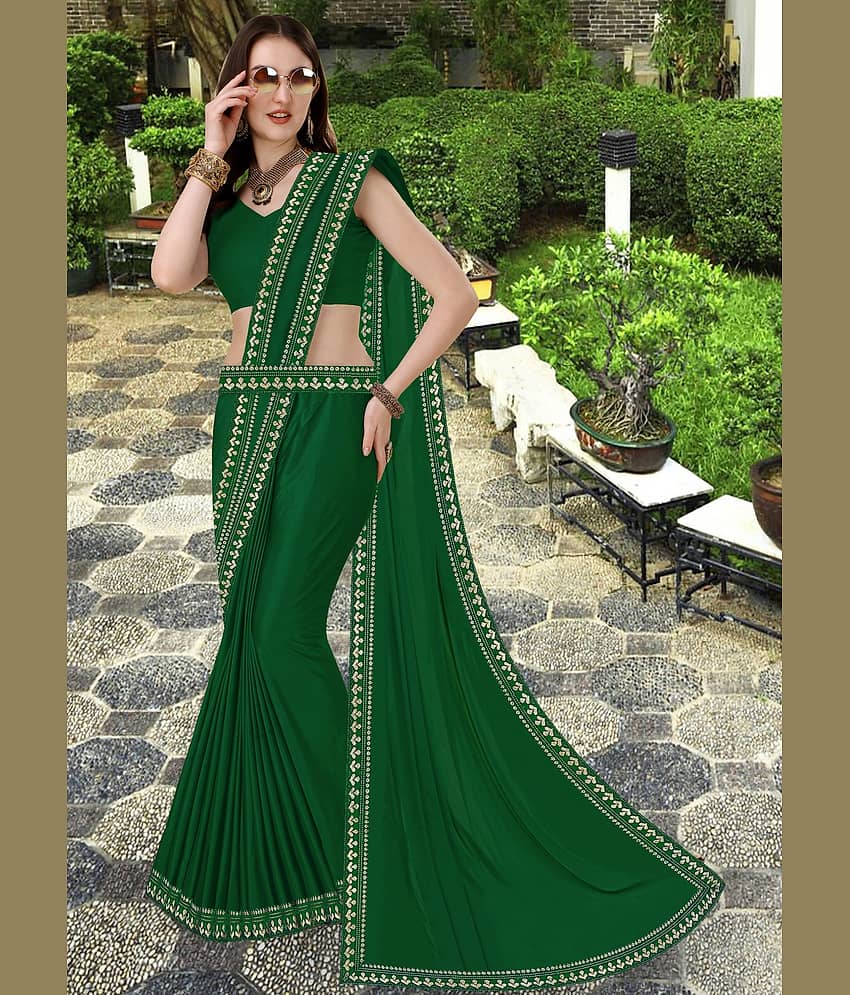 WXW Fashion Lycra Solid Regular Saree With Unstitched Blouse Piece ( Green ) view 2