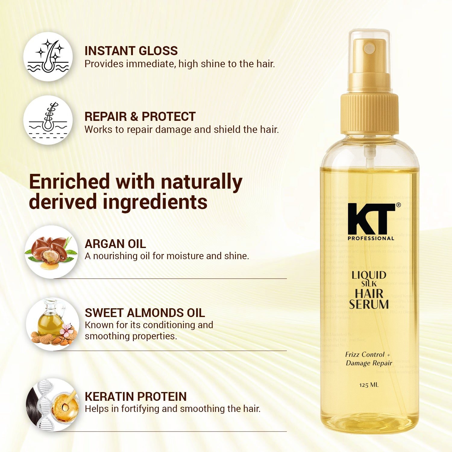 KT Professional Liquid Silk Serum, Frizz Control, Instant Shine & Repair - 125ml view 2