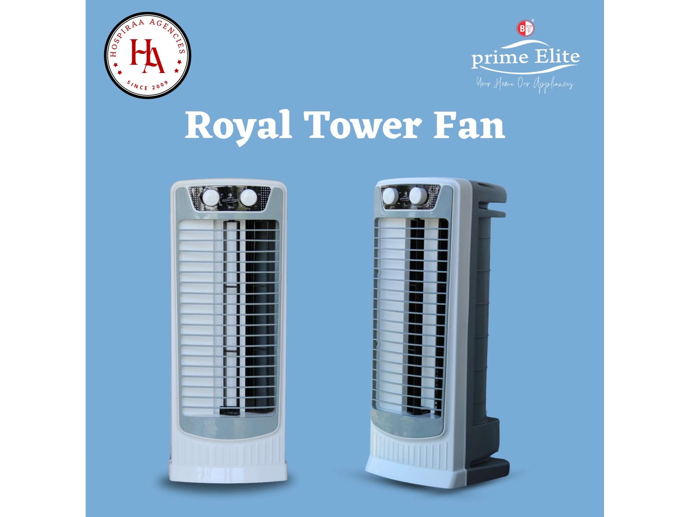 Prime Elite Royal Tower Fan Grey Blue High Speed Air Delivery Oscillation Function Multiple Speed Settings Energy Efficient Modern Slim Design
