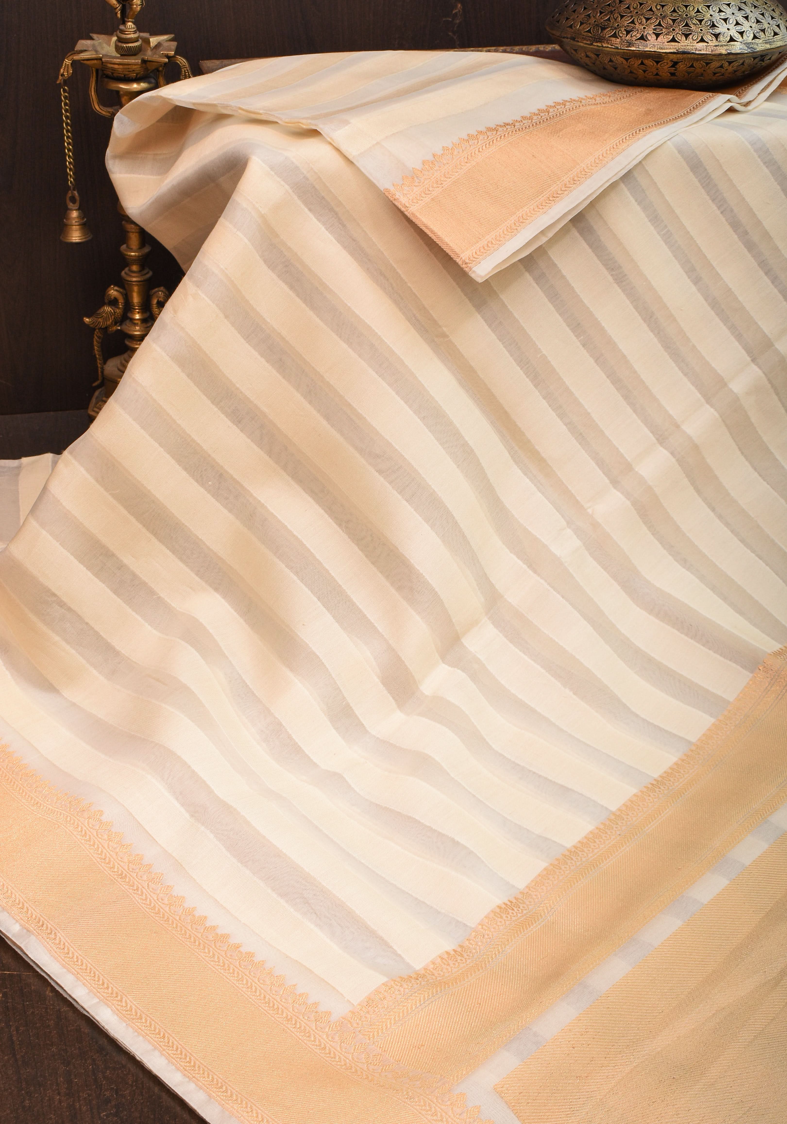 Off White Pure Kora Silk Banarasi Saree with trendy Striped Pattern and zari border | SILK MARK CERTIFIED view 2