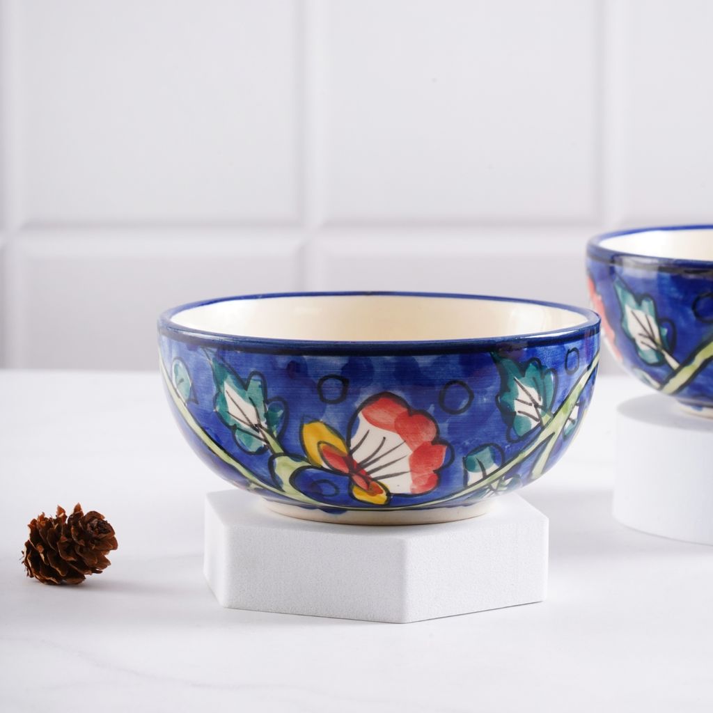 STOREPEDIA Handmade Blue Mughal Print Ceramic Bowls/Katori Microwave Dishwasher Safe Mughal Floral Print Bowl for Salad Dining Table Gift Serving Fruits, Bowl Set 250 ml Set of 2 view 2