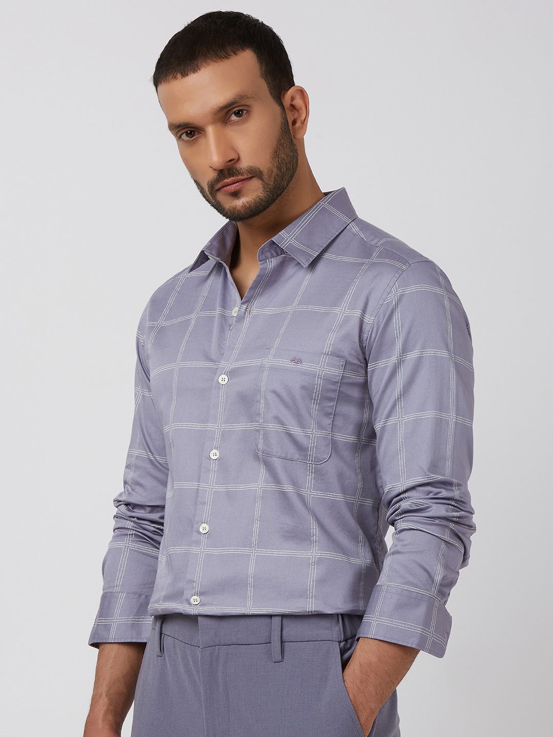 Lilac Printed Check Slim Fit Casual Shirt view 2