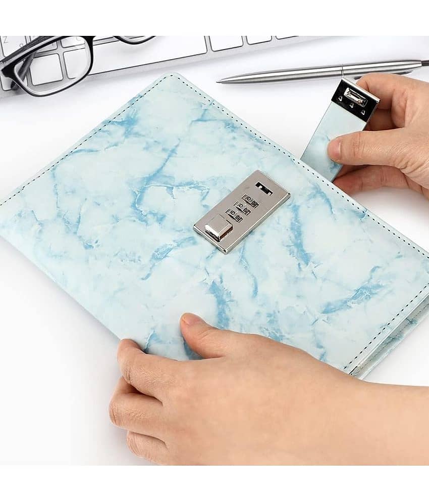 GEEO Marble Diary Journal with Locks for Girls and Women Secret Diaries Journal with Code Lock A5 Marble Notebooks with Combination Lock PU Leather Cover Diary Notebook (Blue) view 2