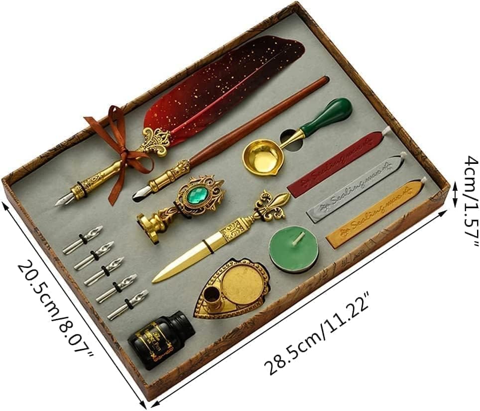 Quill Pen Ink Wax Seal Stamp Gift Set, Feather Pen Ink Set Includes Feather Dip Pen,Ink,5 Replacement Nibs,3 Wax Seal Sticks,Pen Nib Base,Seal Stamp, White Wax,Spoon, Valentine Gift view 2
