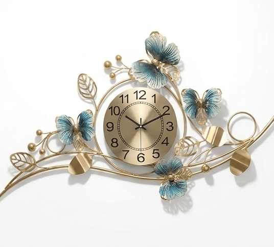 Royal Butterfly Horizon Wall Clock – Handcrafted Gold & Azure Metal Art view 2