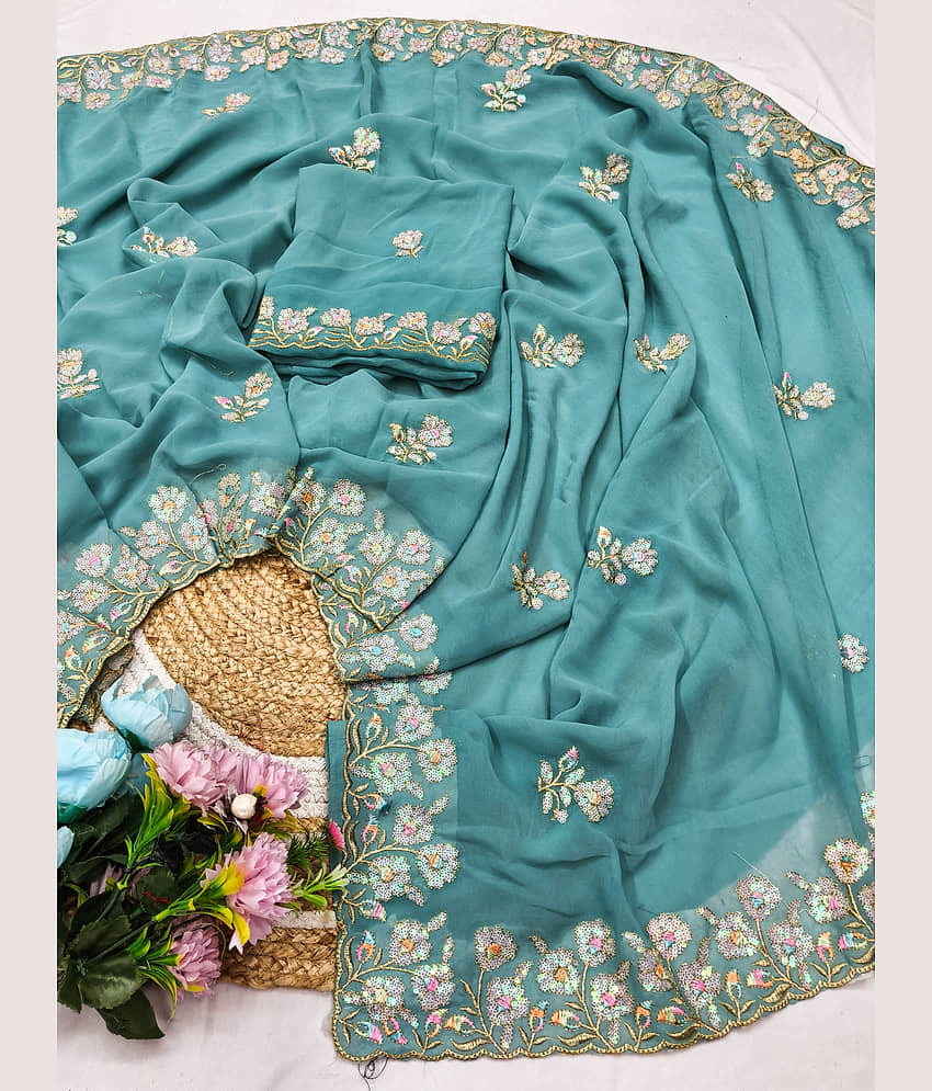 VEDANT VASTRAM Georgette Embroidered Regular Saree With Unstitched Blouse Piece ( Yellow )