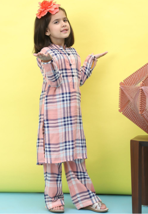 Girls Checked Pure Cotton Kurta With Trouser view 2