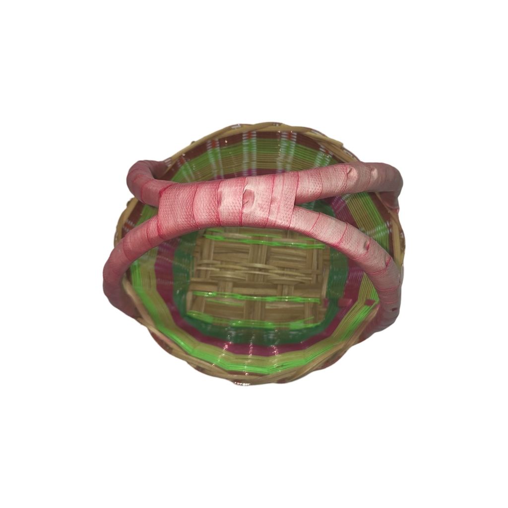 **Colorful Handwoven Easter Basket with Pink Handle** view 2