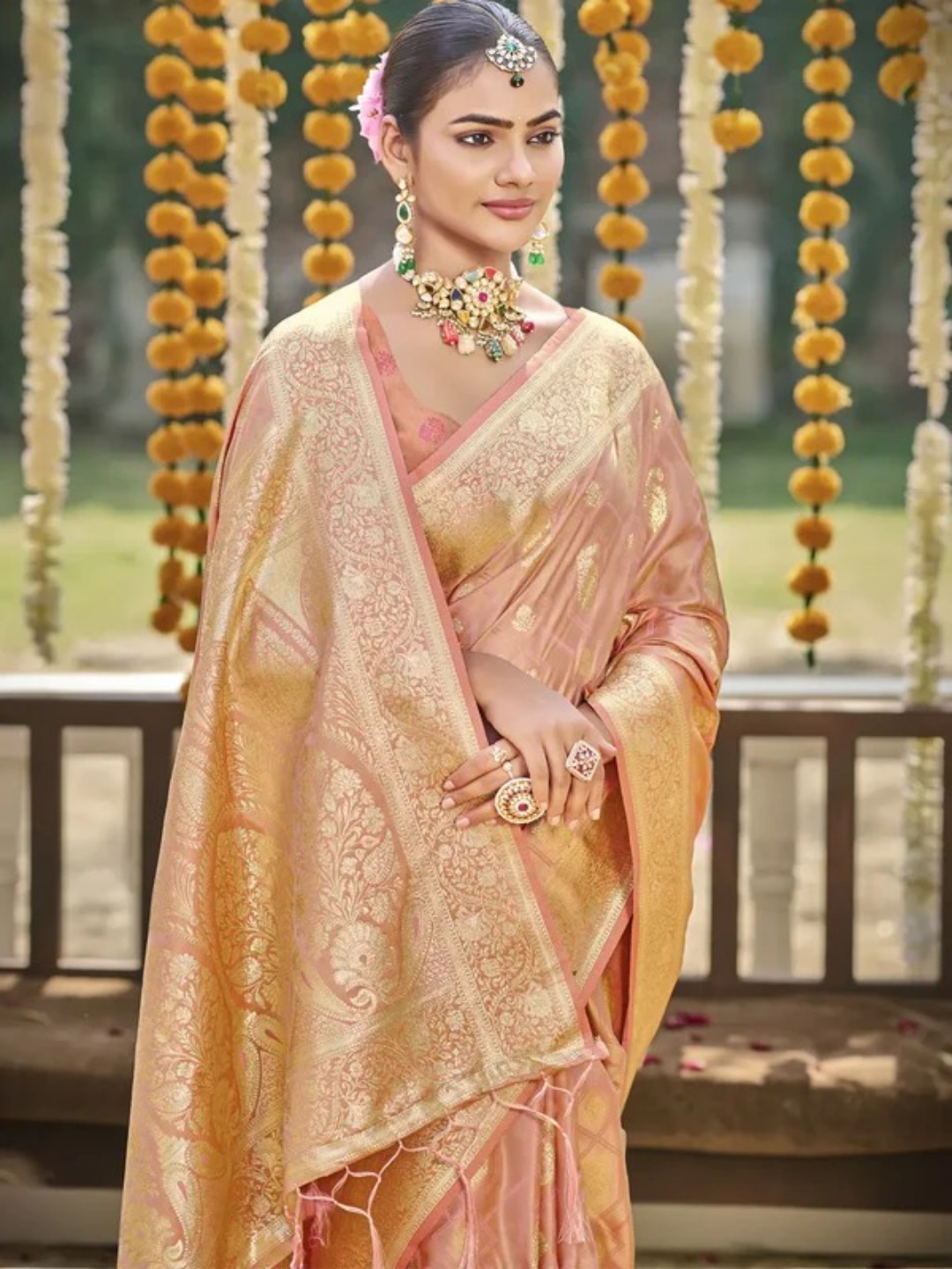 Peach Satin Silk Saree view 2