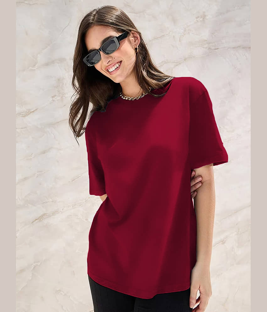 Leotude Women Cotton Blend Solid Oversized Fit Round Neck T-Shirt ( Maroon ) view 2