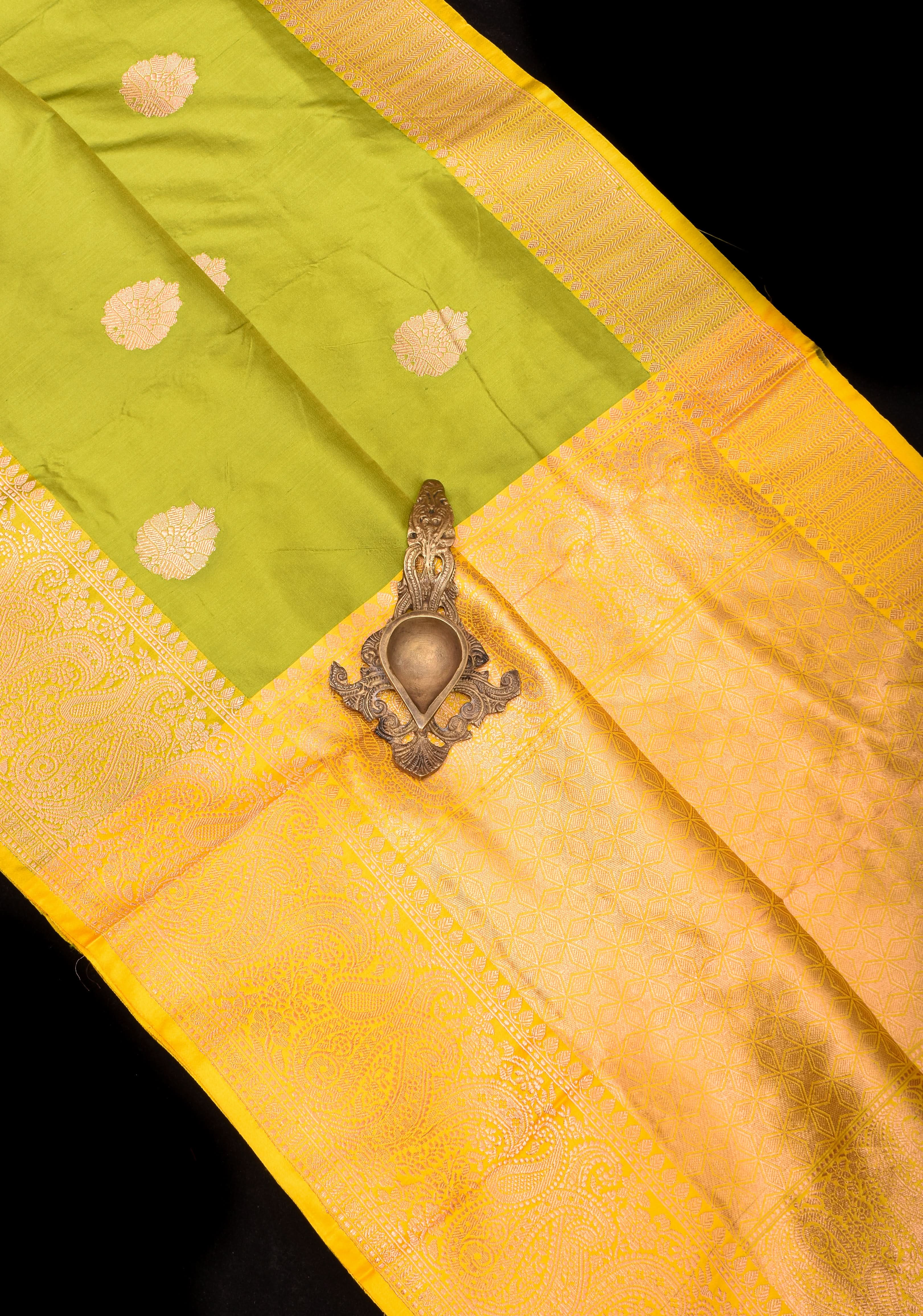 Moss Green Banarasi Katan Silk Saree with Floral buttas and Lemon Border | SILK MARK CERTIFIED view 2