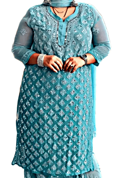 Blue Gala Daman Lucknowi Chikankari Casual Georgette Kurti view 2