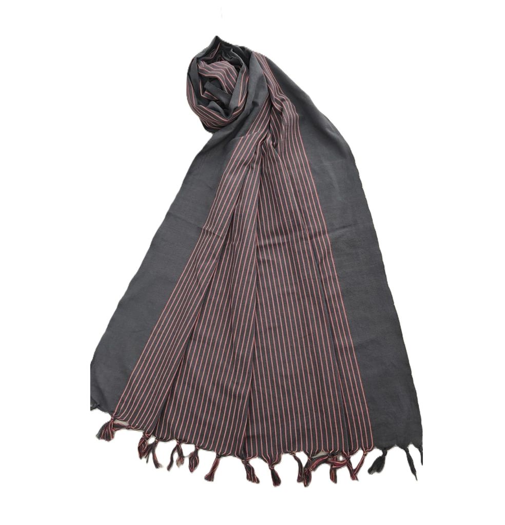 Dhaga Vishwas Ka Handloom Cotton Stole Grey with Red Stripes