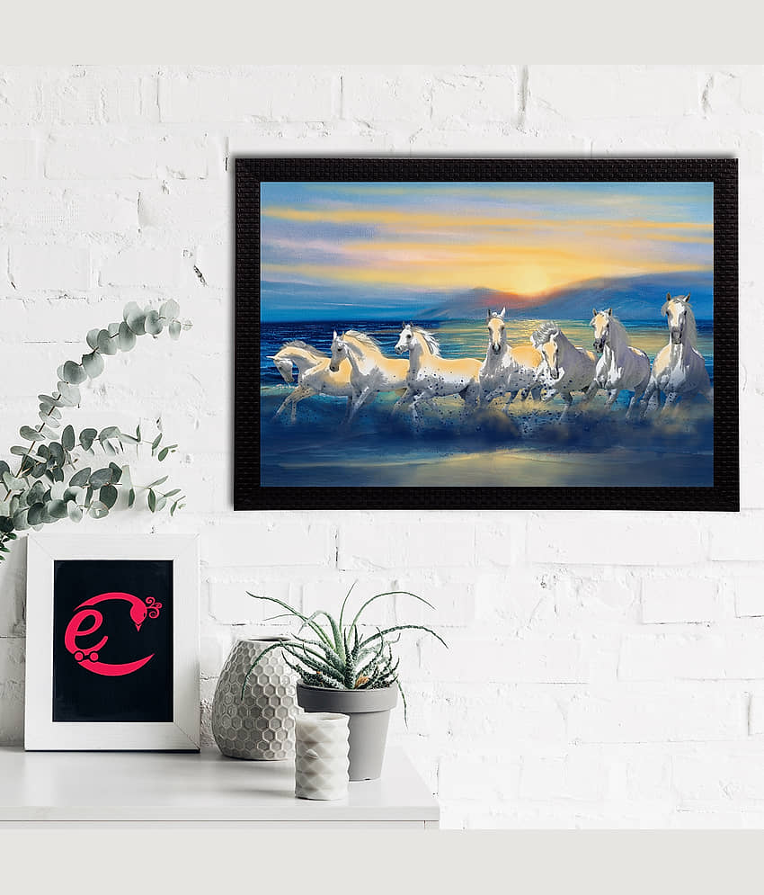 eCraftIndia Blue & Yellow 7 Lucky Running Horses Satin Matt Texture UV Wall Painting view 2