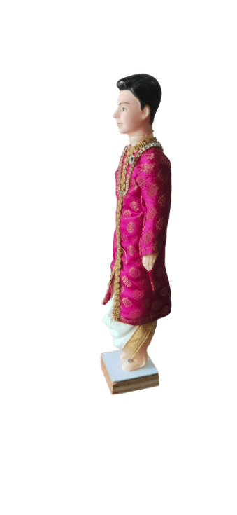 Traditional Indian Groom Doll in Dark Pink Sherwani with Gold Embroidery view 2
