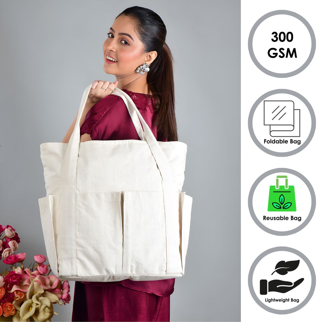 Miloy Large Oversized Canvas Tote Bag for Women, Inside Secret Pocket with Zip and Multi Pocket Bag for Shopping, Office & Daily Use Heavy Duty Tote Bags for Women, Beige, Pack of 1 view 2