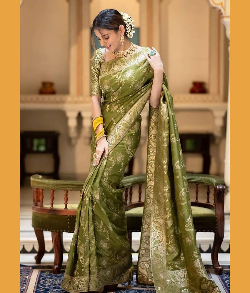 YUG ART Banarasi Silk Embellished Saree With Unstitched Blouse Piece ( Rama ) view 2