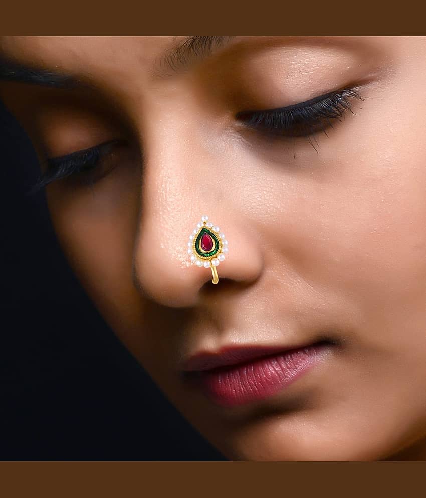 Vivastri's Premium & Elegant Peackock Style Cubic Zirconia Bead Studded Nose Rings For Women & Girls -VIVA1277NTH-PRESS-RED view 2