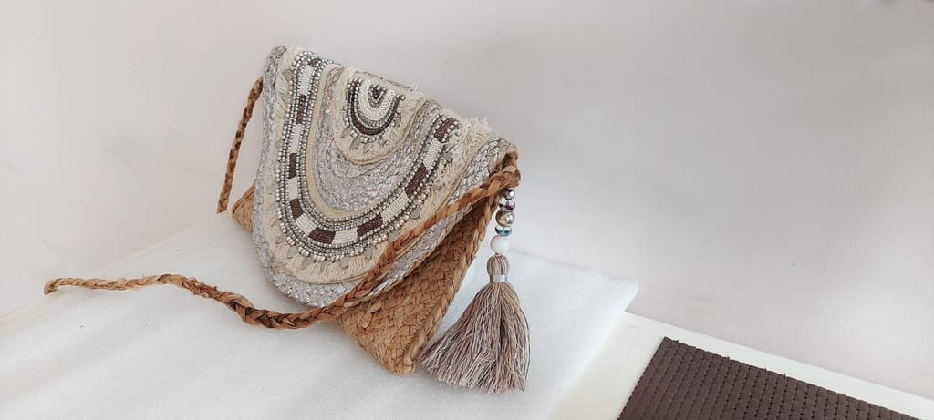 Jute Sling Bag with Embellishments And Beautiful Handmade Tassel view 2