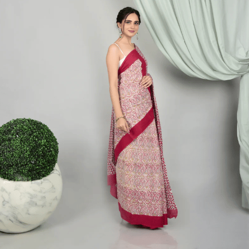 Maroon Green Jaal Hand Block Printed Mul Cotton Saree view 2