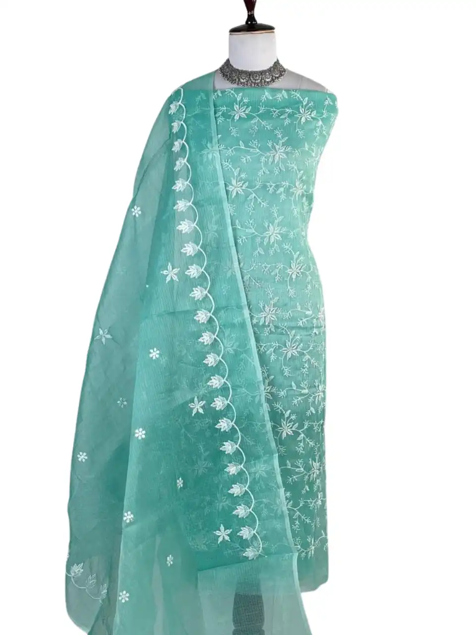 Kota Doria Dress Material Sea Green Floral Jaal
