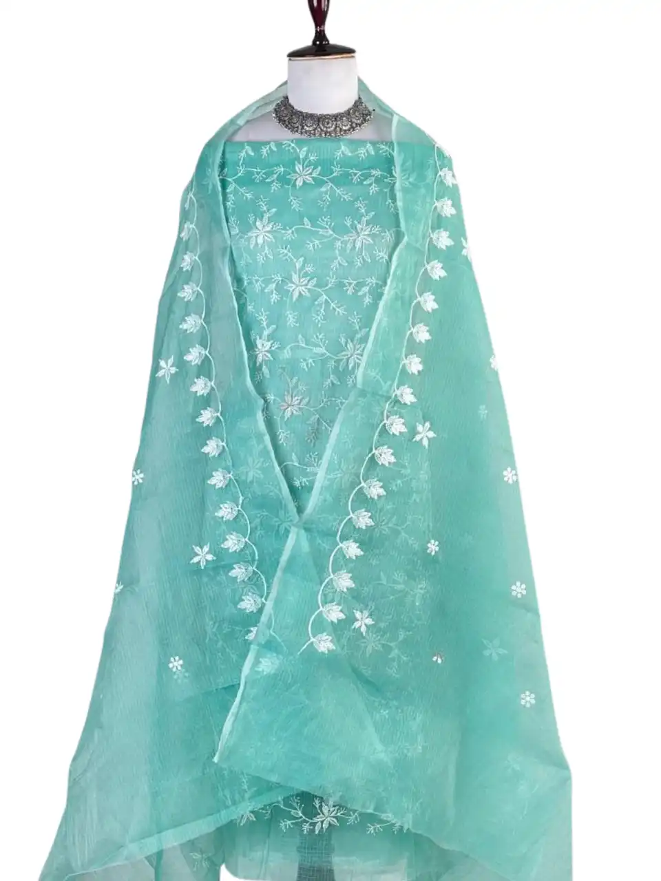 Kota Doria Dress Material Sea Green Floral Jaal view 2