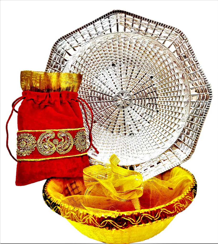 Omkar by R3 Inc. Royal Gift Basket & Shagun Potli Combo pack for Gifts Hampers | Fancy Gifting | Wedding Gifting|Shagun|Return Gift (Pack of 3) Shagun Potli, Silver & Round Basket - Multi Color view 2