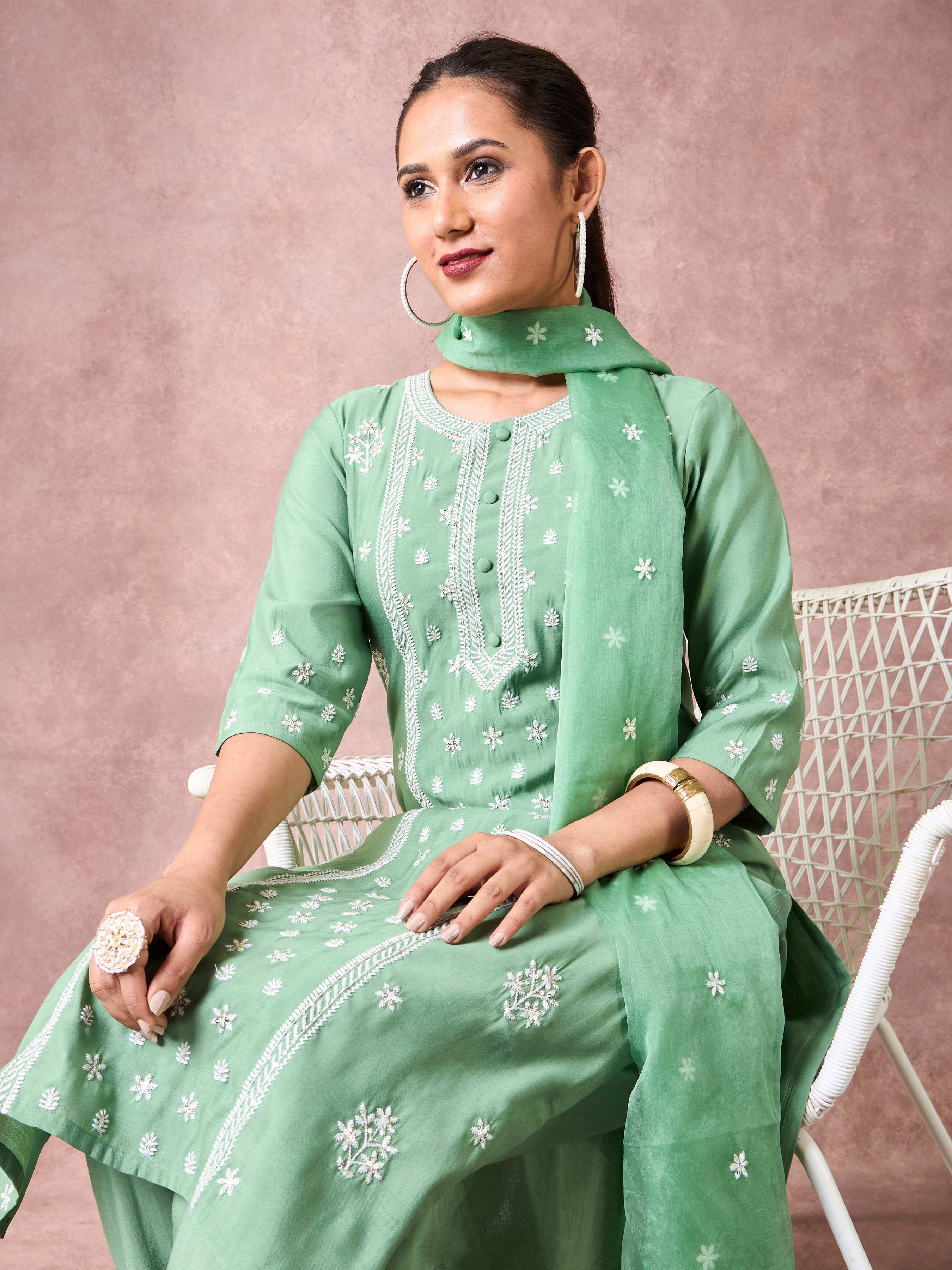 Mint Green Viscose Blend Kurti Set & Dupatta With Embroidery view 2