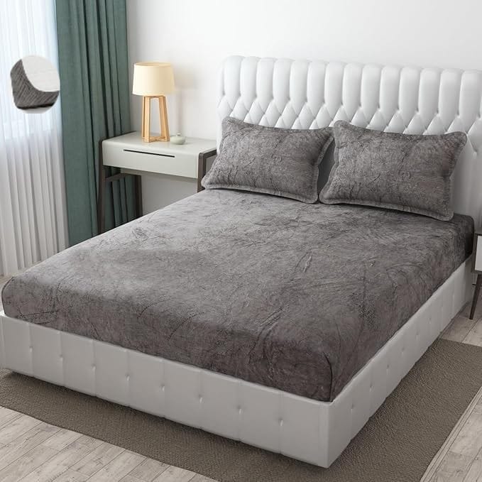 Brevard International Double Bed Bedsheet | 190 GSM Flannel Super Soft Warm Elastic Fitted | With 2 Pillow Covers for Winters - 72x78x8 Inches, Cadet Grey