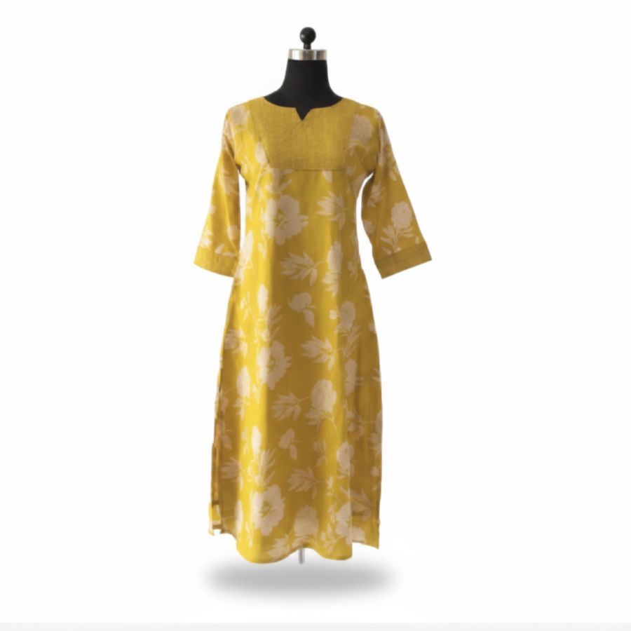 Yellow Floral Printed Cotton Kurta view 2
