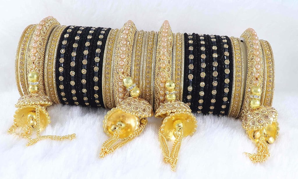ZULKA Get your traditions Metal with Zircon Gemstone Or Beads Studded worked and Velvet worked Glossy Finished Latkan Chuda Set For Women view 2