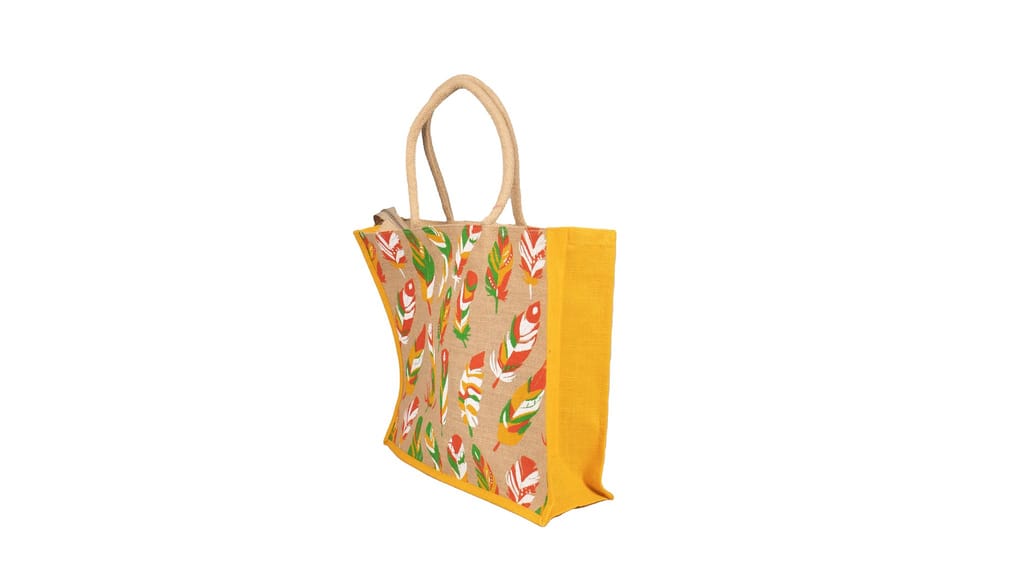 Jute Tote Bag with Colorful Feather Print and Yellow Trim view 2