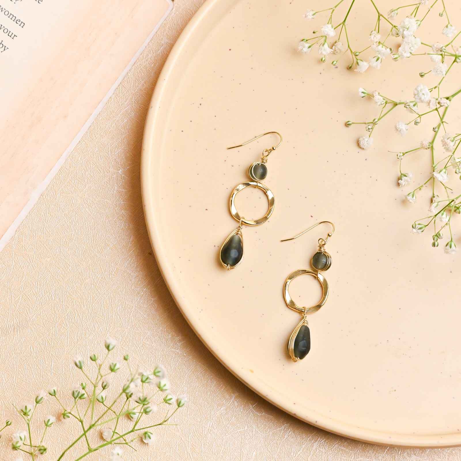 Handcrafted Brass Green Stone Earring view 2