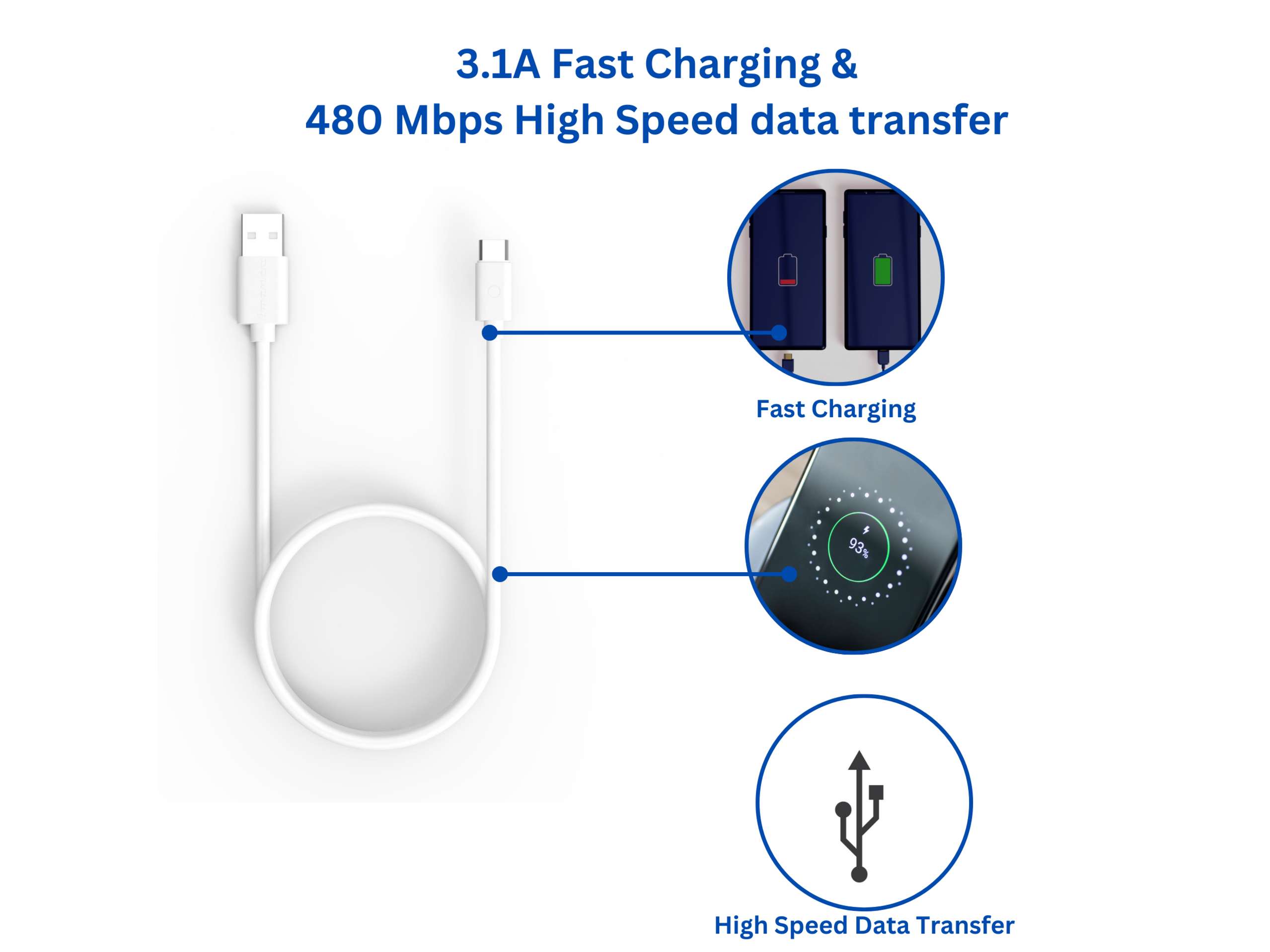Twance T20W PVC - Type C to USB Charging & data transfer Cable, 1 M, White - 50 Pieces view 2