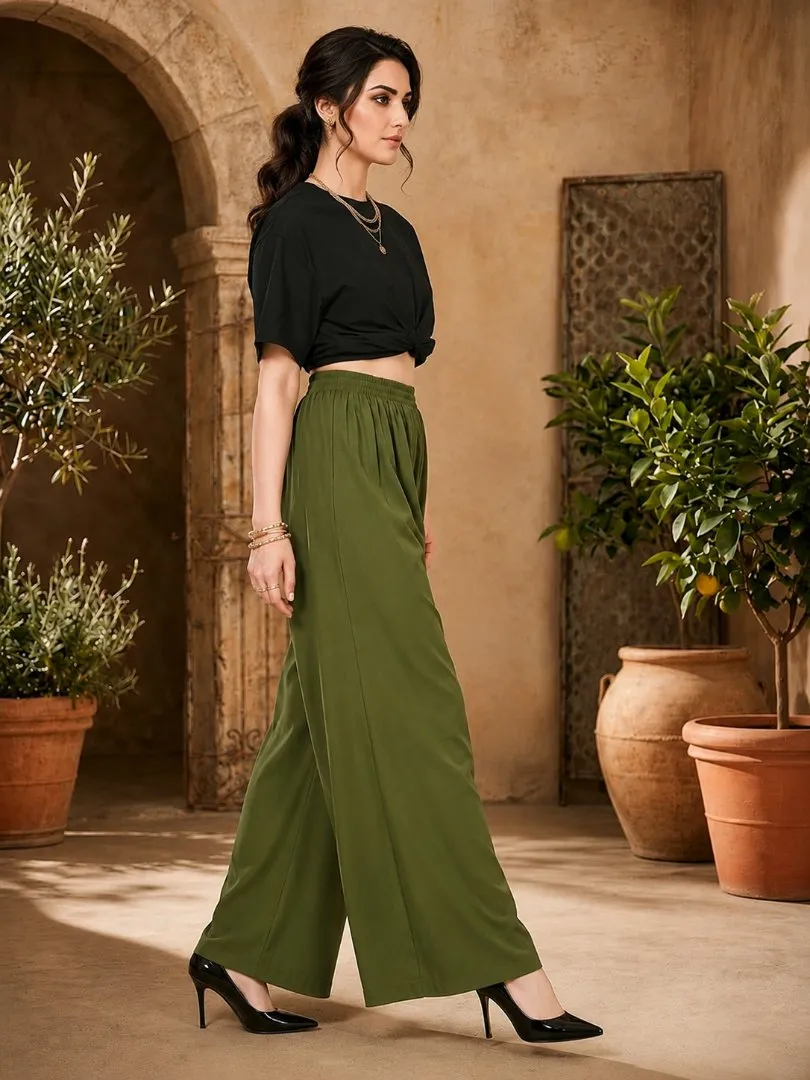 UneR Women's Olive Green Rayon Palazzo Pants | High Waisted Wide Leg Flared Parallel Trousers | Loose Fit Regular Wear Plazo for Girls view 2
