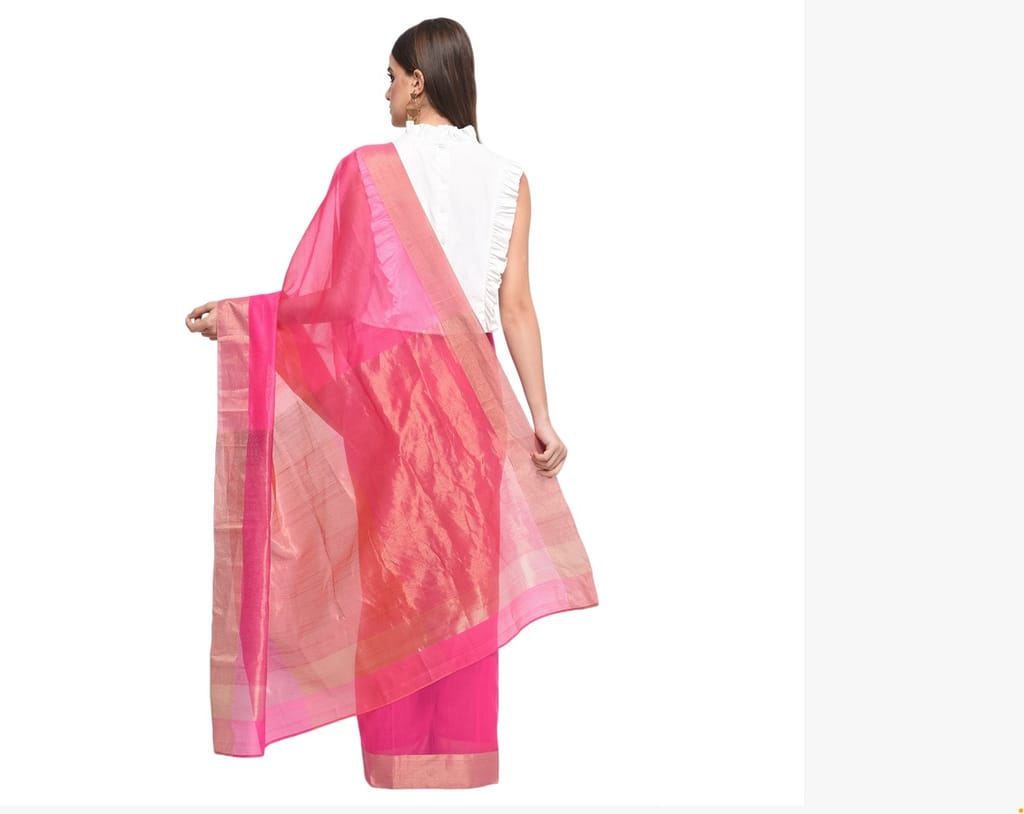 Fuchsia Designs Pink hand woven chanderi saree view 2