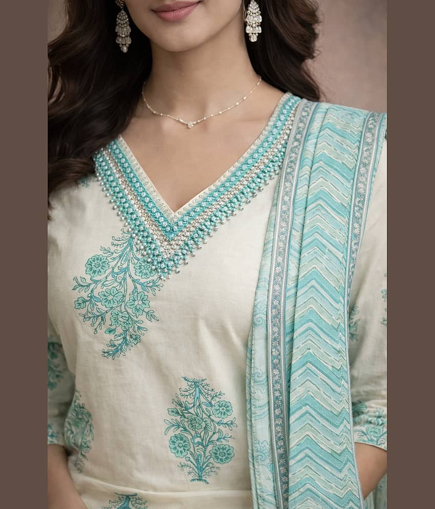 Aarika Women Cotton Printed Straight Kurti With Pants ( Cream ) view 2