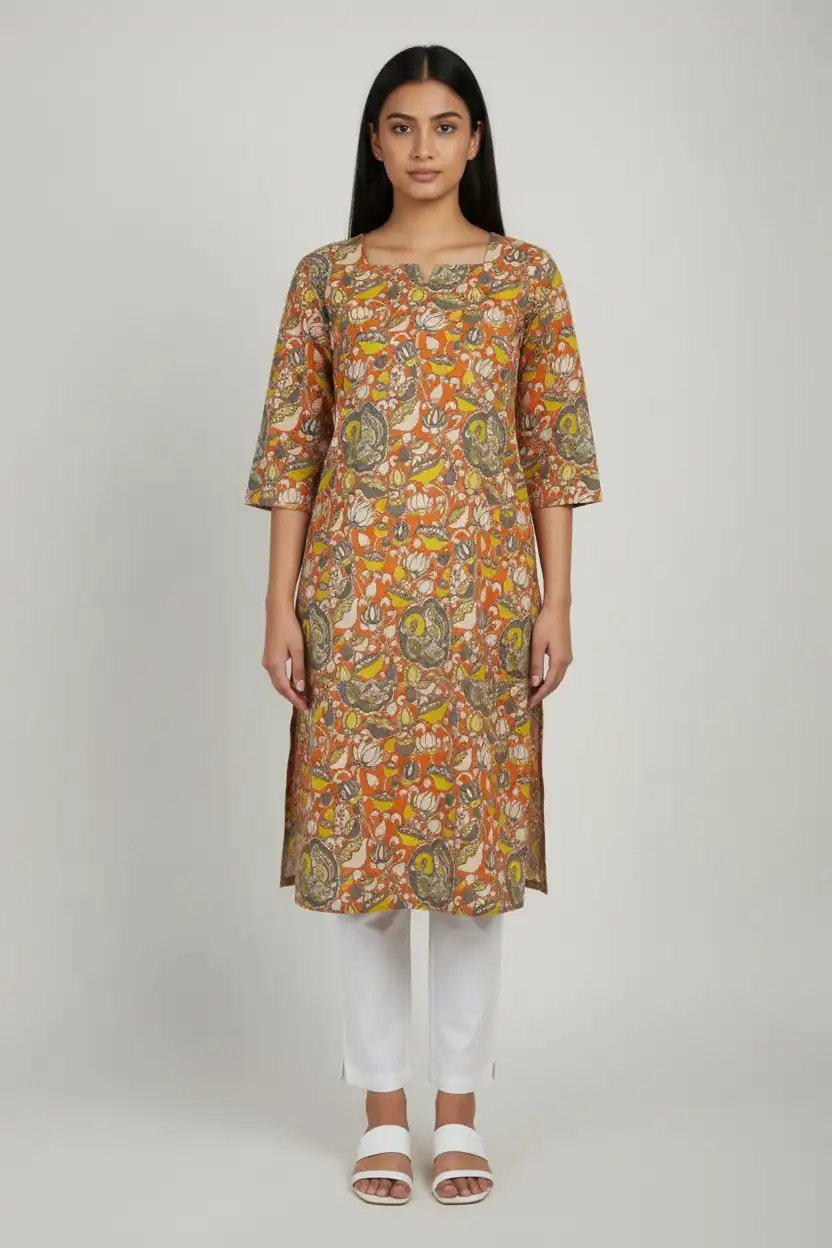 Screen-printed Pedana Kalamkari Cotton Kurti in Orange