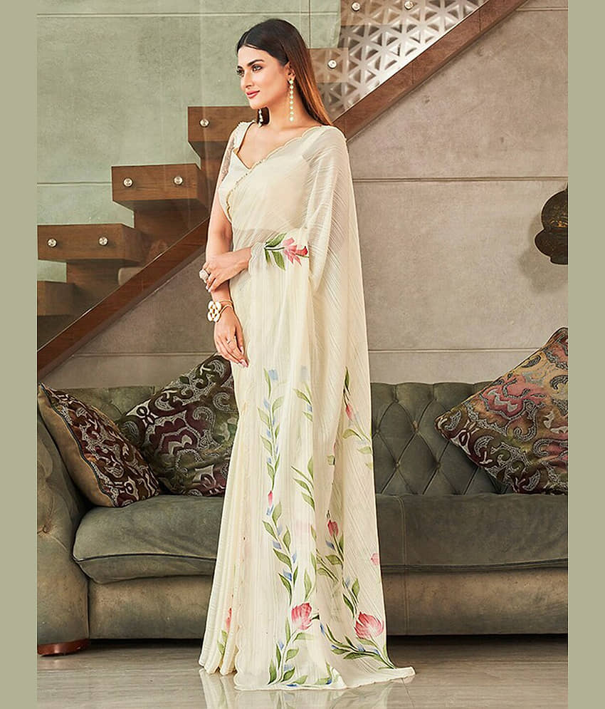 BLEESBURY Polyester Printed Saree With Unstitched Blouse Piece ( Off White ) view 2