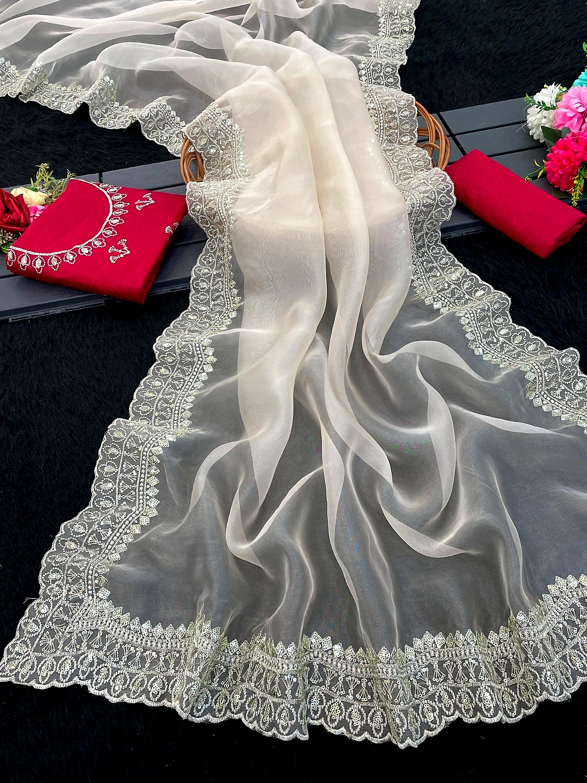 Gold Tissue Organza Saree for Special Occasions (Color - Gold) by SHIV TEXTILES view 2