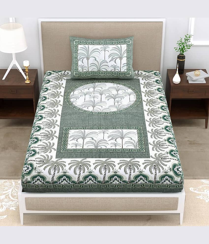 ABHACLOTHO Cotton 1 Single Bedsheet with 1 Pillow Cover ( Green )