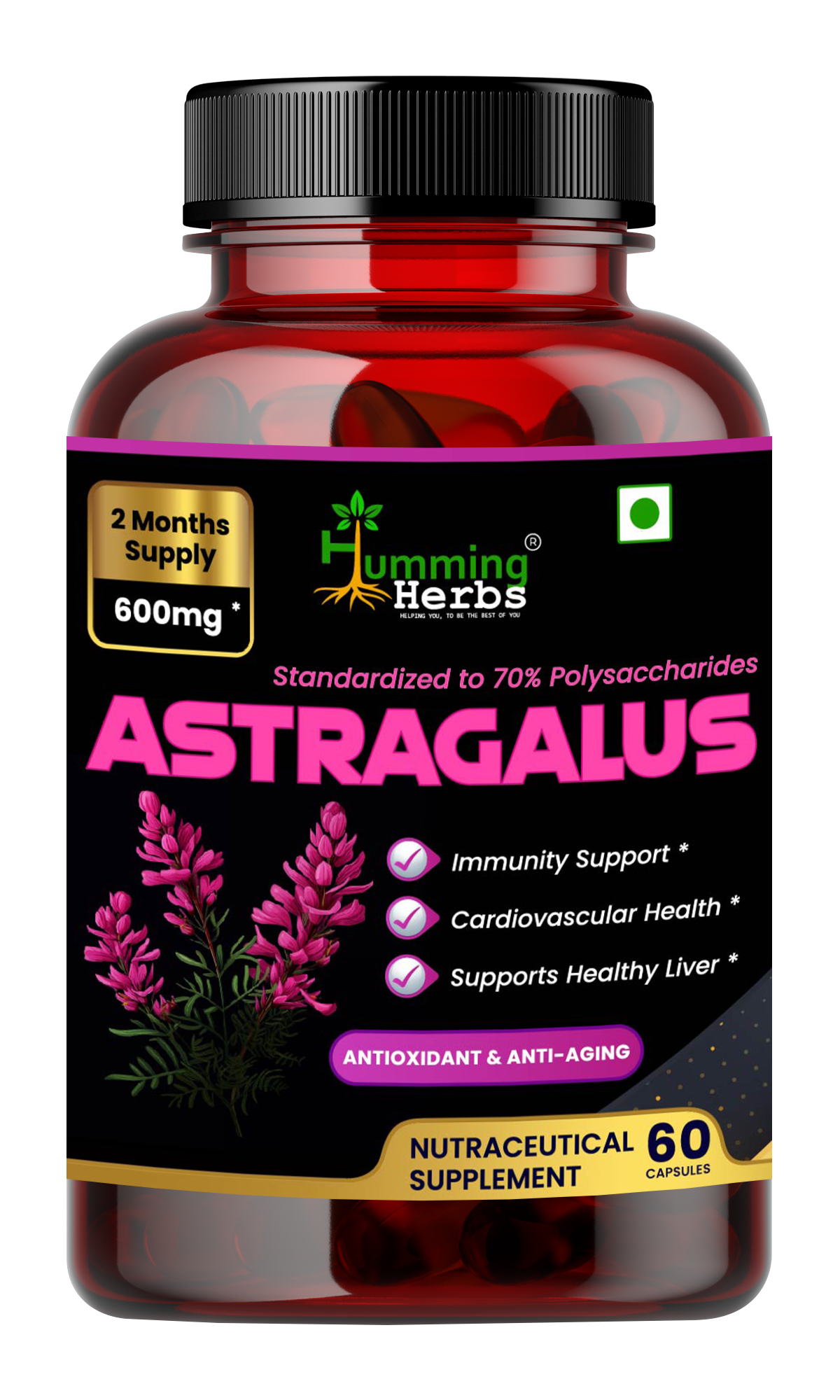 Humming Herbs Astragalus Root Extract Capsules - Supports Immune System, Cardiovascular & Liver Health - Natural Antioxidant & Anti-Aging Supplement