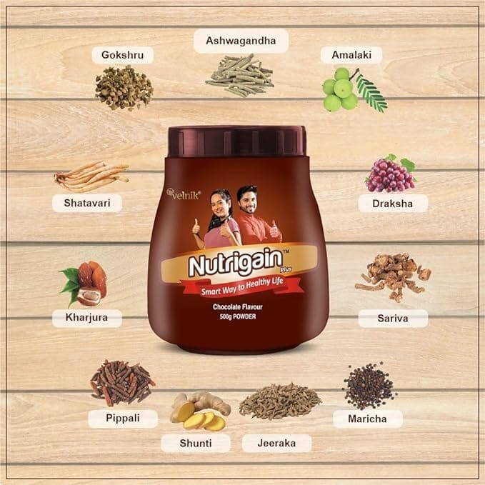 Nutrigain Plus Ayurvedic Weight Gainer Supplement Powder for Women and Men Chocolate Flavour 500 gm (pack of 2) view 2