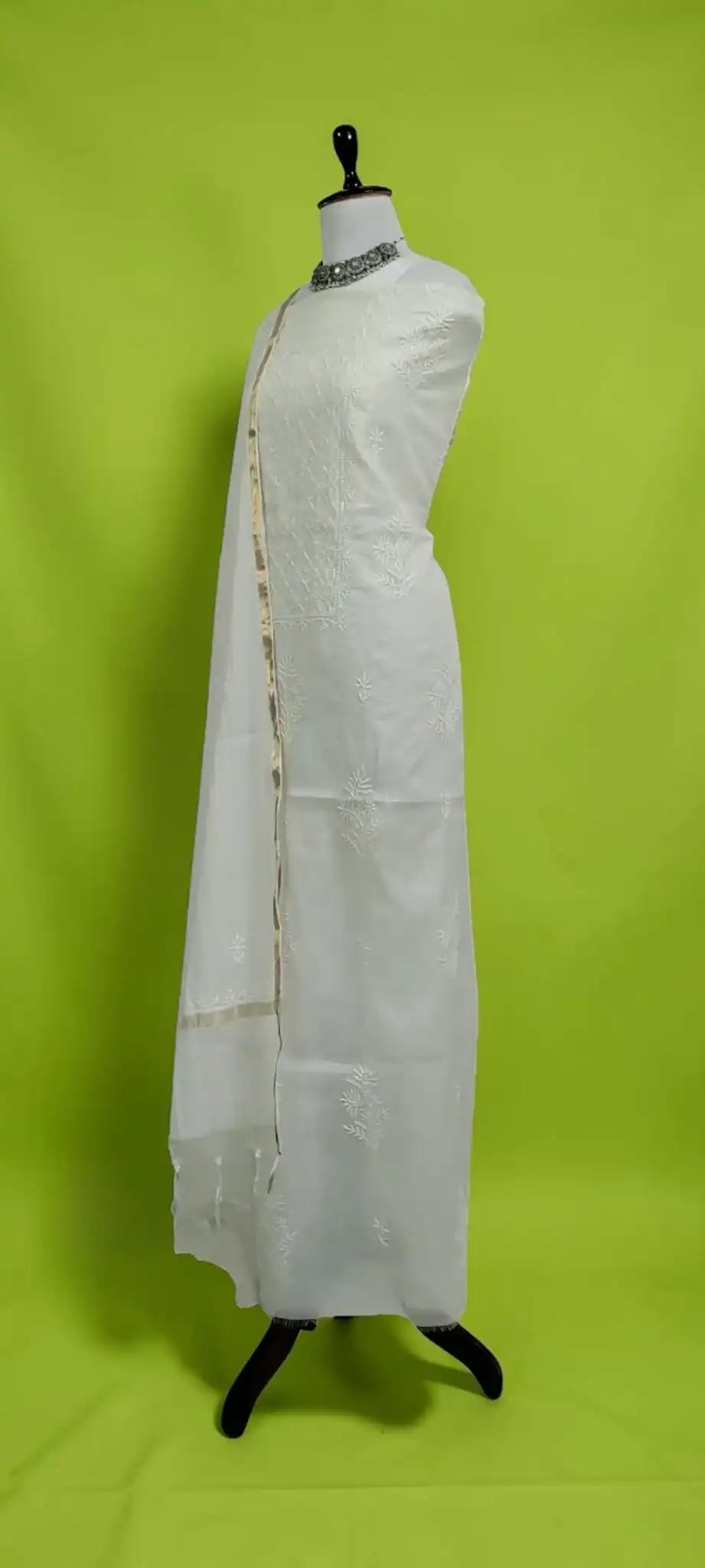 Mul Cotton Chikankari Dress Material with Dupatta in White and Ivory view 2