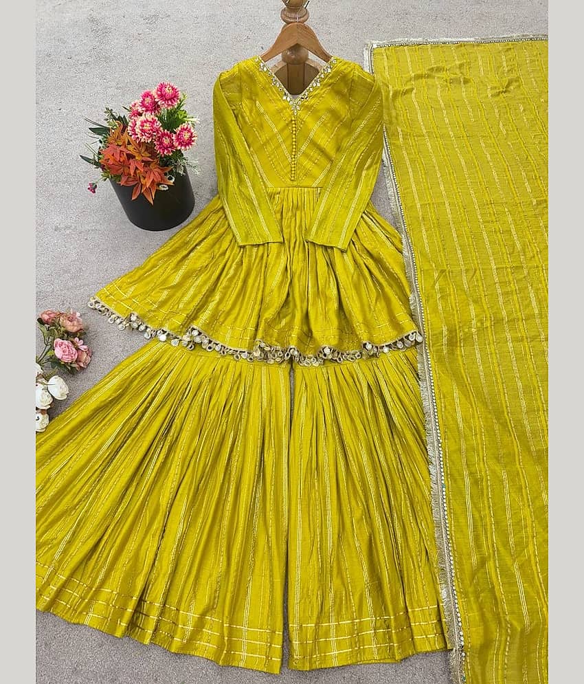 BHAGYASHRAY Women Chanderi Striped Ethnic Motifs Kurti With Sharara And Gharara ( Yellow ) view 2