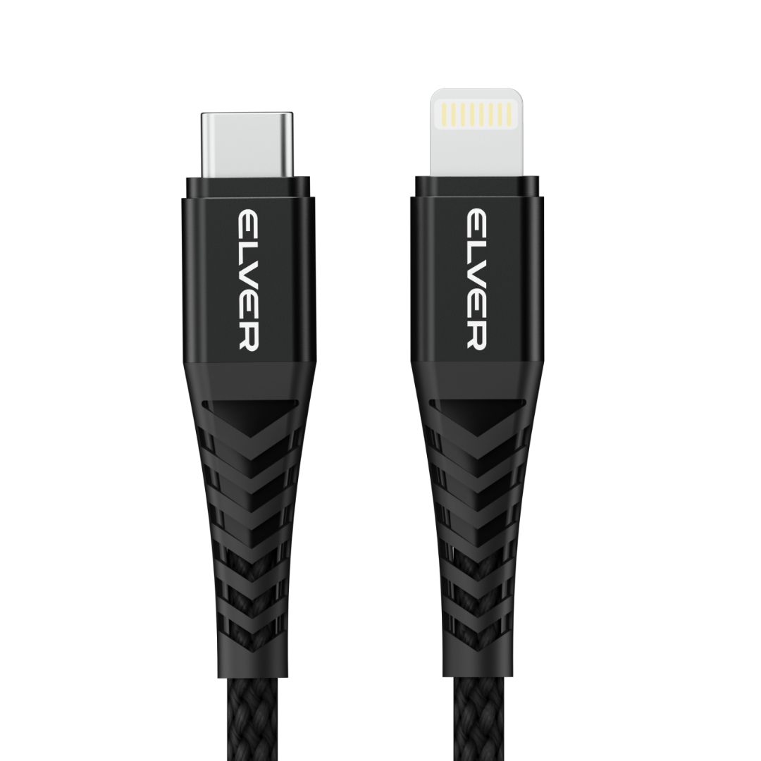 Elver USB-C to Lightning Cable, 27W Fast Charging, 1.2M Length, 480Mbps Data Speed, Tangle-Free - Black