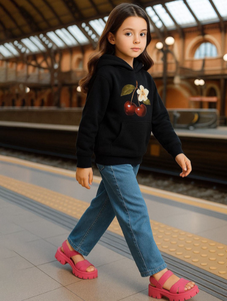 Girls Cherry Blossom Printed Hooded Cotton Pullover Sweatshirt view 2