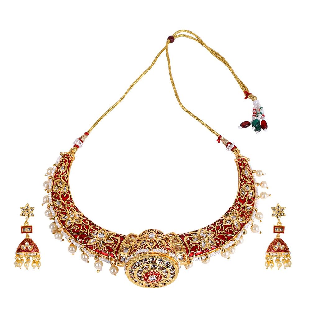 Cardinal Maroon Color Minakari Kundan Gold Plated Choker Necklace Set view 2