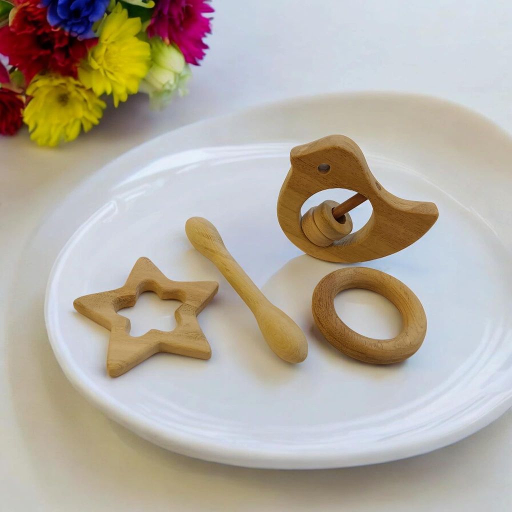 Neemtoys Neem Wooden Pain Relieving Baby Rattle and Teethers, Dove, Dumbbell, Ring and Star Shapes Teether, Teething Toy for Babies with Multiple Textured Surface (Brown) view 2