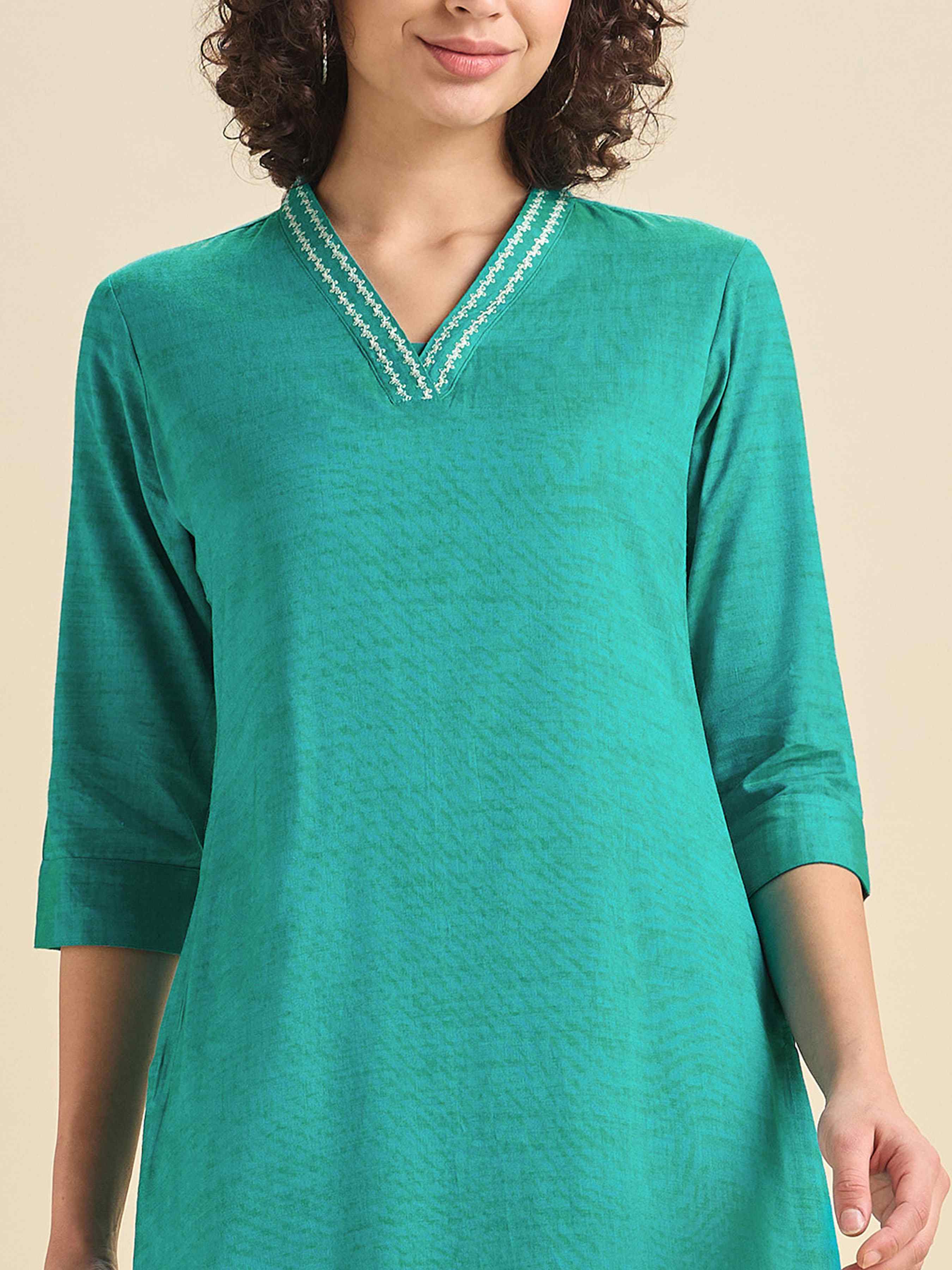 Aqua Green Cotton Viscose Kurti With Embroidery view 2